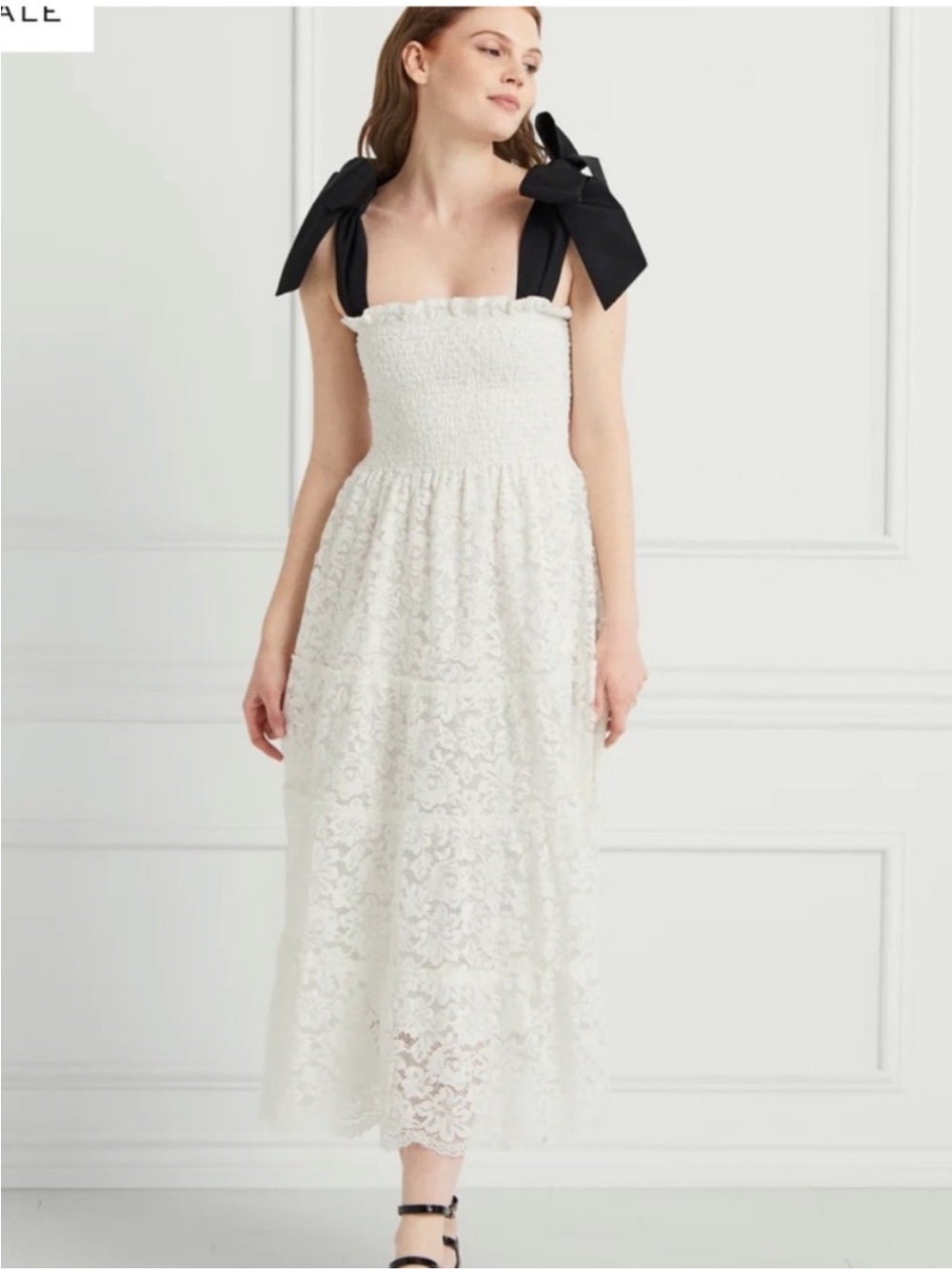 Hill House White Lace Midi Dress with Black Bow Straps bridal nwt xs